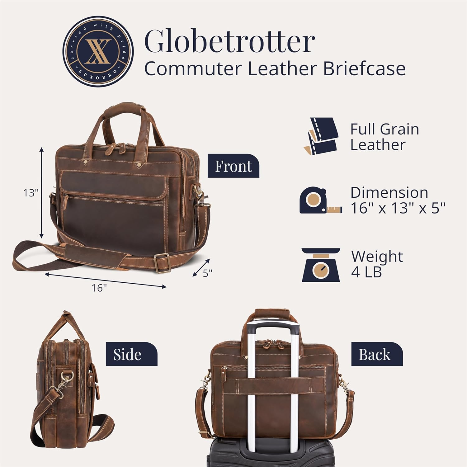 Full Grain Leather Briefcase for Men, Handcrafted, Fits 15.6" Laptop - Dark Brown