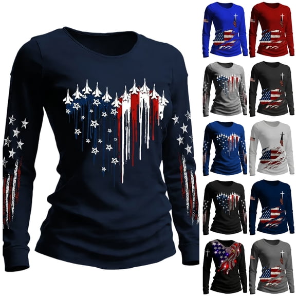 Women's Long Sleeve Round Neck T-Shirt with AMERICA 250th Anniversary Flag Graphic Print, Casual Independence Day Top for Patriotic Celebrations Black L