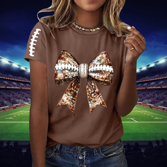 iTNHFP T-Shirts Femmes Hauts d'Été Imprimé Football Nœud Col Rond T-Shirt
