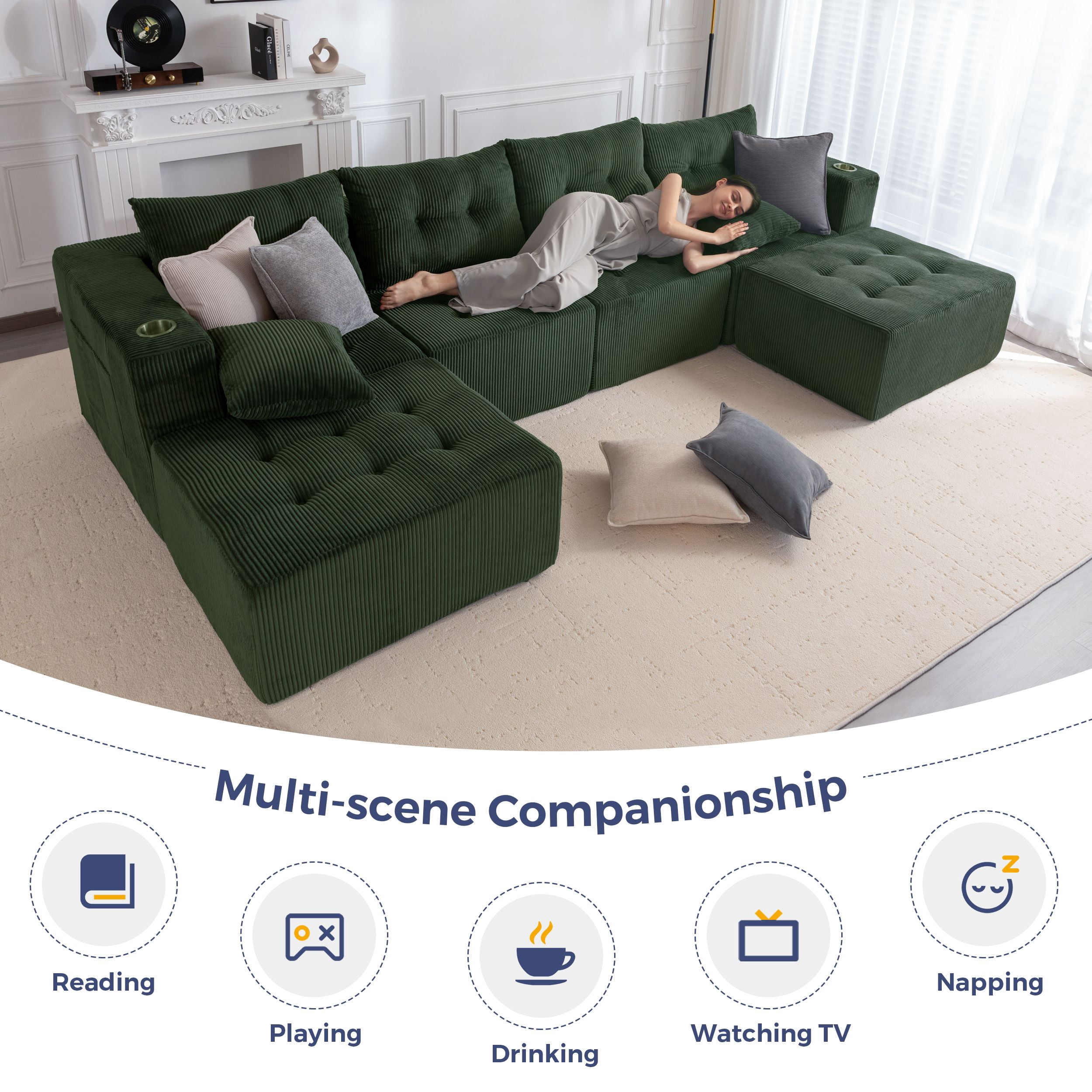BYBYME Cloud Sectional Couch with U-Shape Chaise Modern Comfy Modular Corduroy Sofa for Living Room,Tufted 6-Seat Sleeper Chair with 2 Ottoman,Sofa in A Box,No Assembly Required,Green