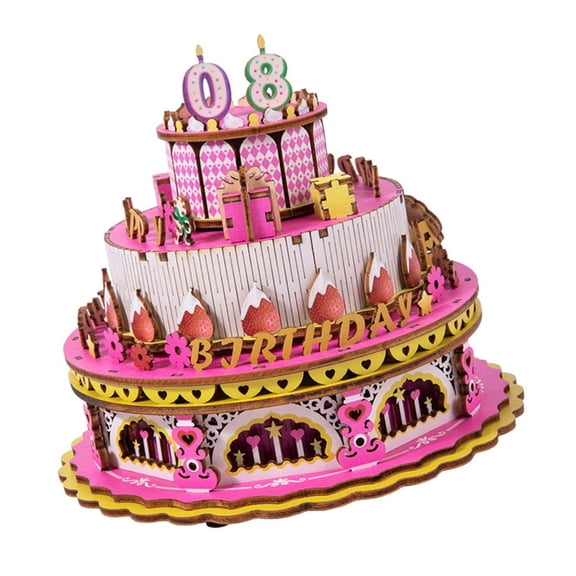 Ciwanning Musical Home Decors Wooden Birthday Cake Puzzle Music Box Ornament Easy Assembly