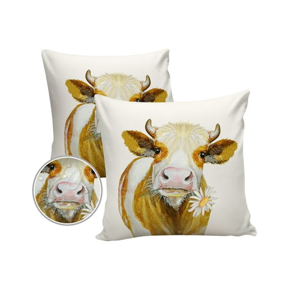 Pack of 2 Outdoor Pillow Covers, Farm Brown Cow with Daisy Waterproof Square Throw Pillowcase Cushion Decorative Pillow Covers for Couch Patio Tent, 16x16 in