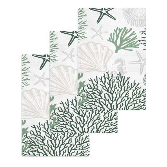 Sage Green Coastal Hand Towels Set,Waffle Weave Kitchen Towels 3 Pieces,Ocean Coral Starfish Shell Seahorse Microfiber Hair Face Bath Tea Towel Absorbent Quick Drying Cleaning Dish Cloths,15.7"x23.6"
