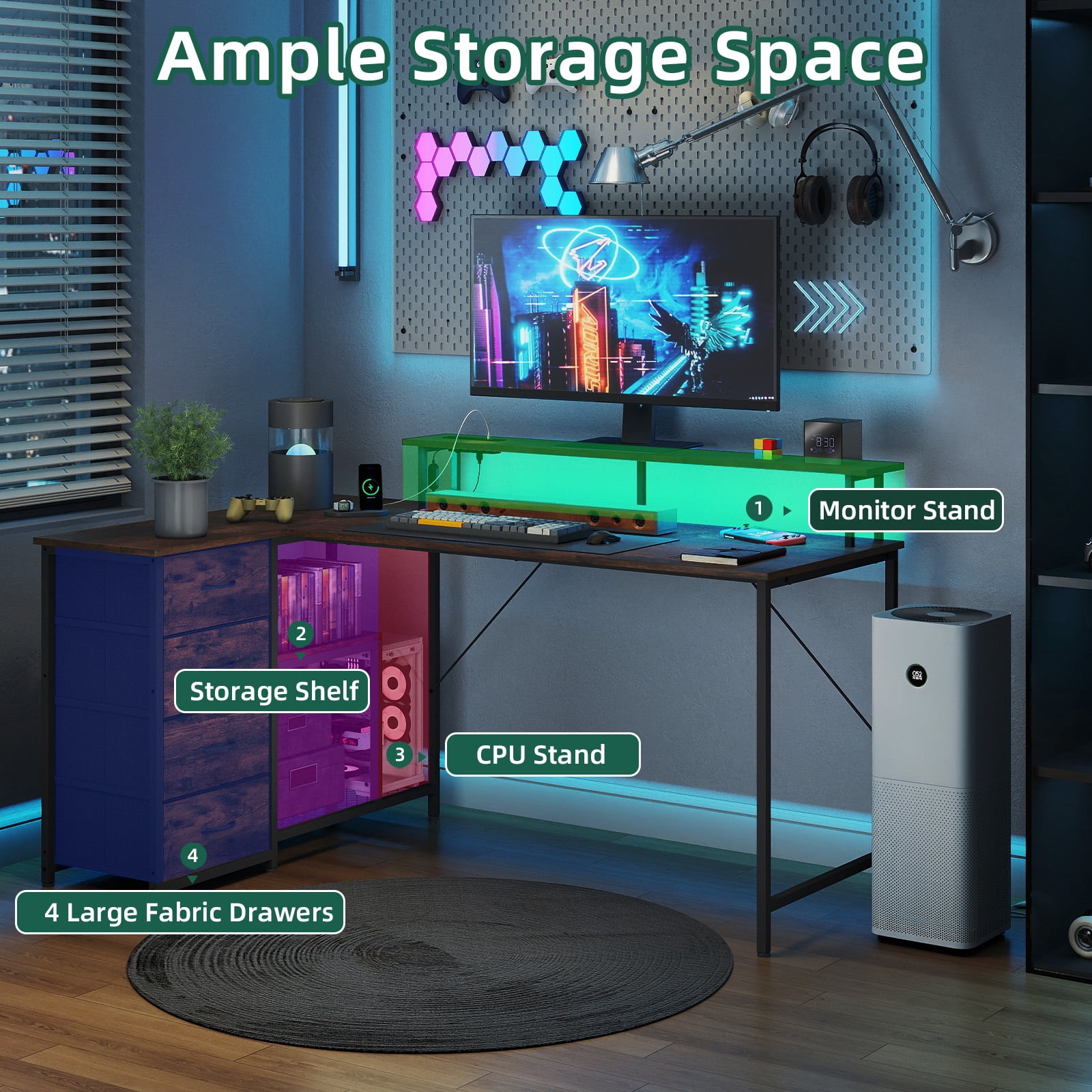 Eunos 61 inch L Shaped Gaming Desk with Power Outlets & LED Light, Computer Desk with 4 Tiers Drawers for Home Office, Wood Grain Print