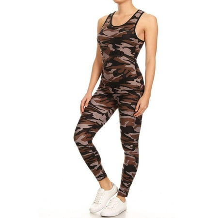 MOA COLLECTION Women's Army Camo Two-Piece Set Cropped Racerback Tank Top and Leggings