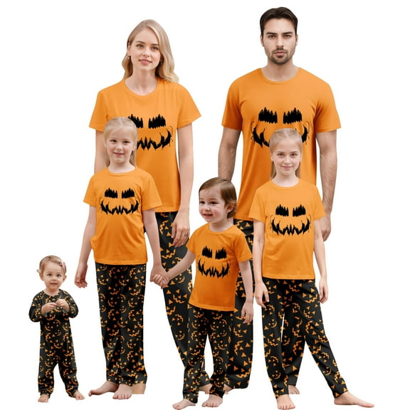 Onlypjs Halloween Family Matching Pajamas Set Pumpkin Face Sleepwear Orange Short Sleeve Tops with Black Pumpkin Print Pants Holiday Loungewear Outfit