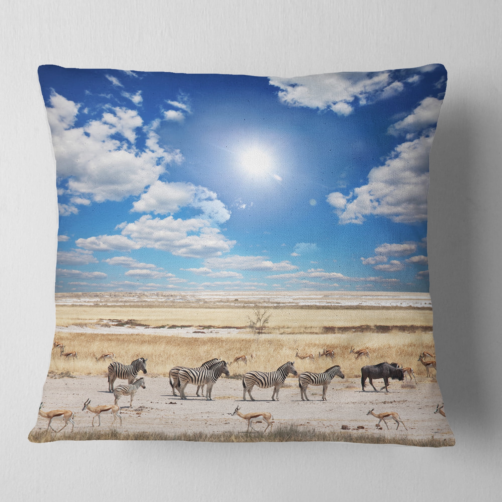 Designart Wandering Zebras under Bright Sky - Landscape Printed Throw Pillow - 18x18