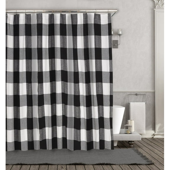 Kate Aurora Country Farmhouse Living Buffalo Plaid Checkered Black & White Fabric Shower Curtain