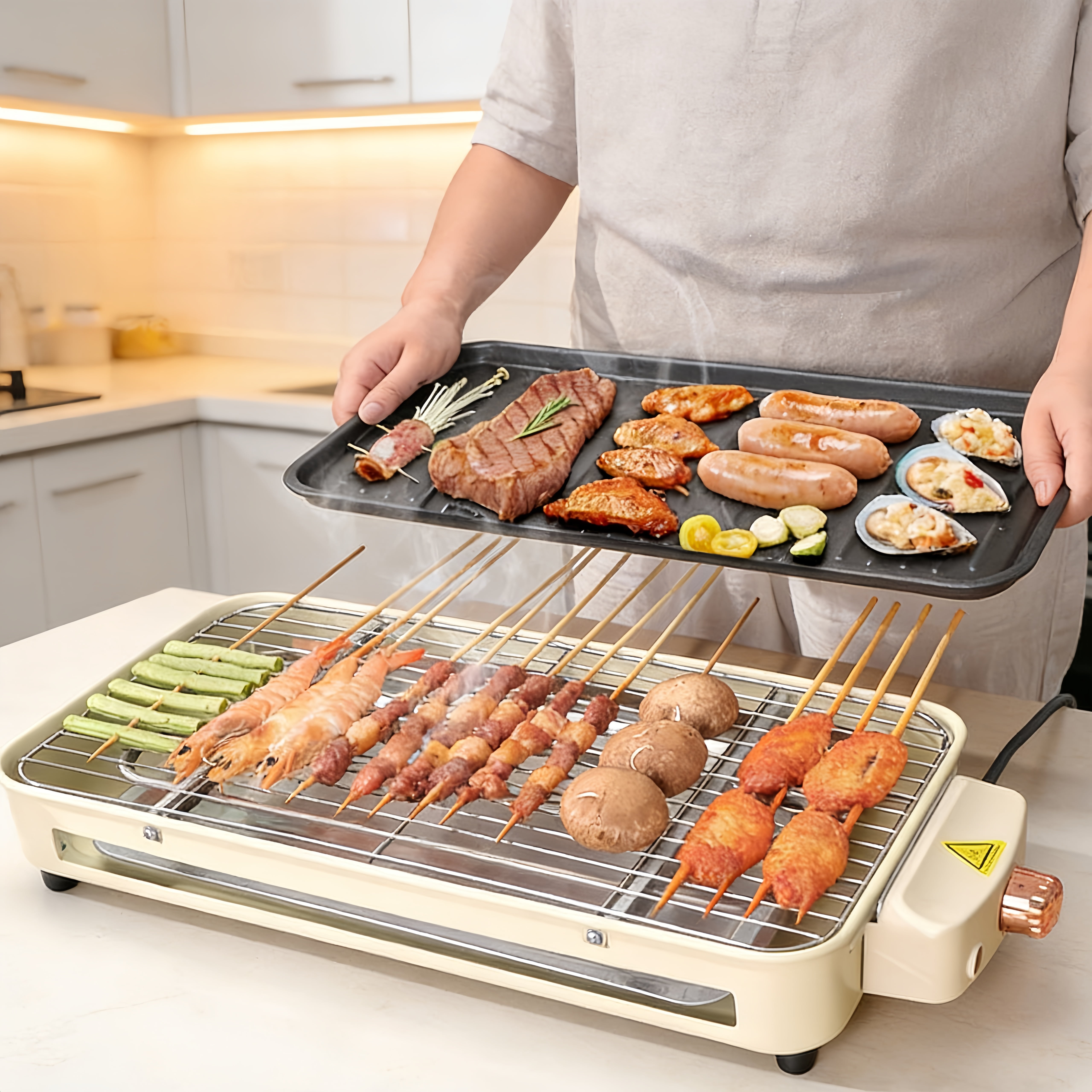 REDUSK Electric Indoor Grill 1500W, 3 in 1 Versatile Smokeless Indoor Grill for Home Cooking, Non-Stick Removable Grill & Griddle Plate, Temperature Control,  White