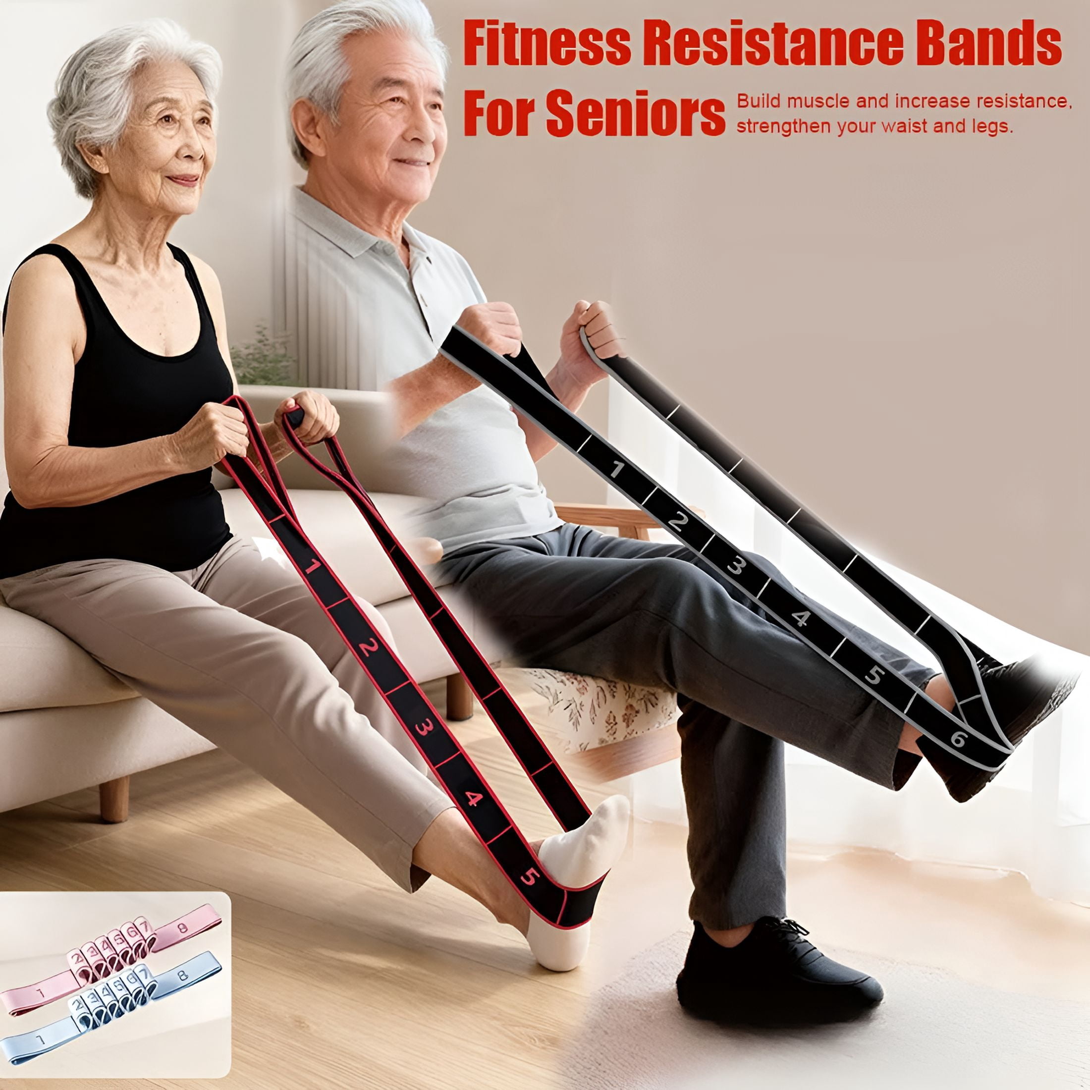 BESTSKY Numbered Resistance Band for Seniors,Fitness Resistance Band for Stretching and Yoga,8 Section Number Elastic Stretch Strap,With Hand Grippers,For Glutes Legs Training,For Women Men