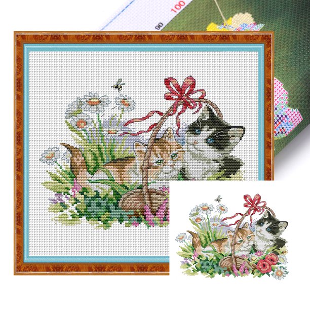 Hilo Algodón Ecológico Bordado Punto Cruz Gato Las Estaciones 14CT 30x26cm