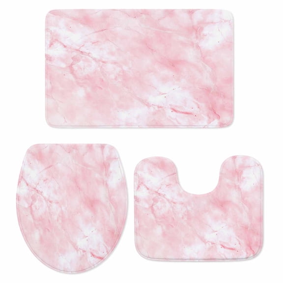 Pink Marble Bathroom Rugs Set Abstract Pink White Gradient Stone Texture Modern Non Slip Absorbent Soft Bath Mats 3 Piece Set with Bathroom Rug, U-Shaped Floor Mat, Toilet Seat Cover Small Size
