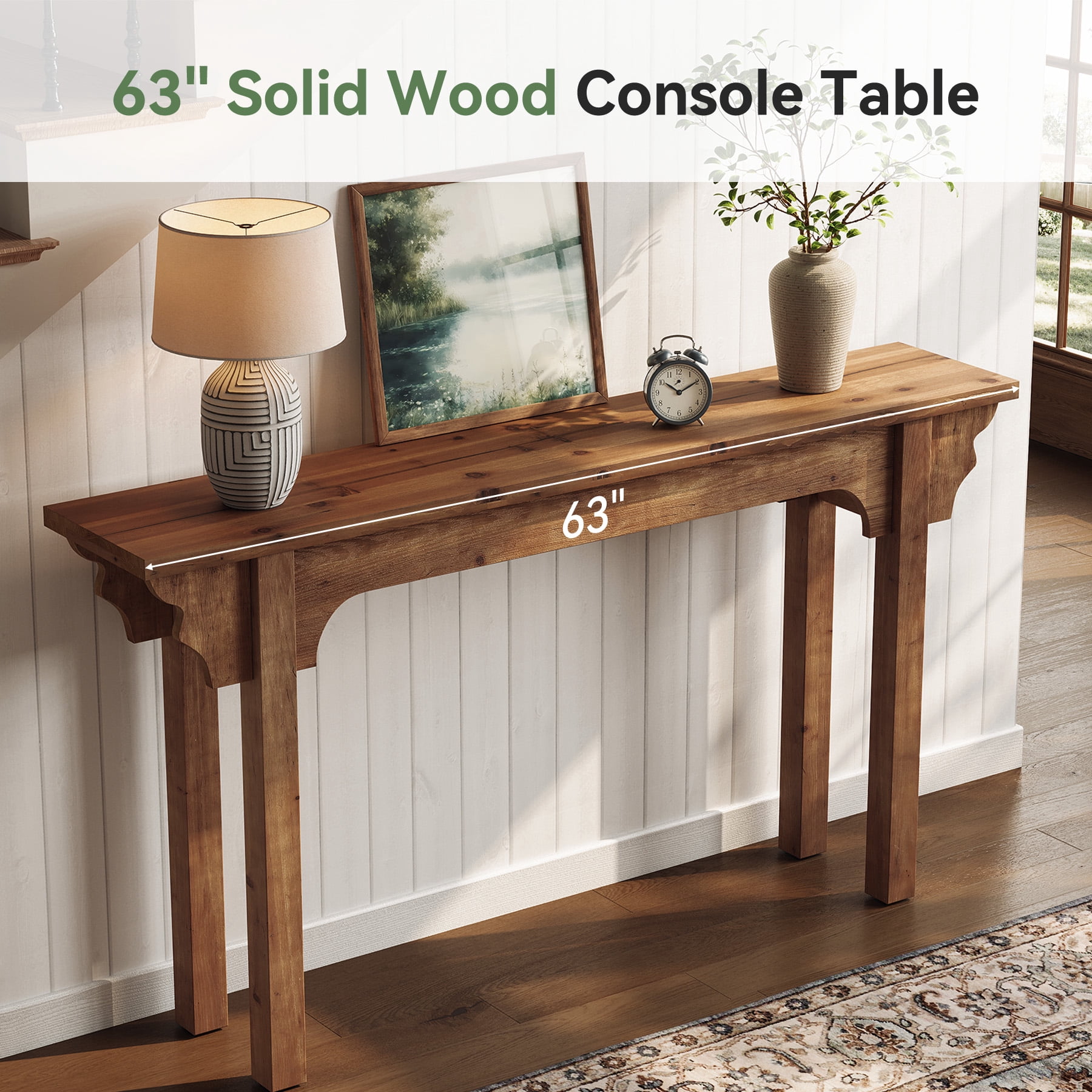 Finmind 63" Solid Wood Entryway Table, Mid-Century Modern Console Table for Living Room, Entrance, Hallway & Foyer