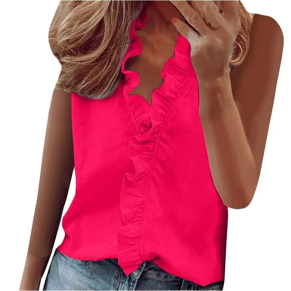Yigetop Ruffle Top, Womens Sleeveless Ruffle Peplum Front Tank Tops Casual Summer V Neck Shirts Sleeveless Button Down Shirts for Women Hot Pink L