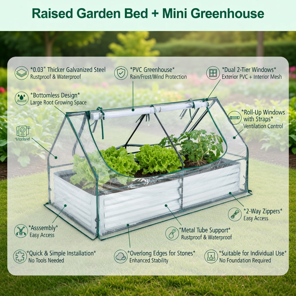 Demifill 6 x 3 x 3 Feet Galvanized Raised Garden Bed with Greenhouse, Greenhouse with PVC Cover and 2-Tier Windows, Clear
