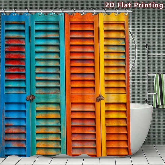 Vintage Multicolor Wooden Shutters Retro Print Waterproof Fabric Shower Curtain With Hooks Bohemian Cottage Bathroom Decor
