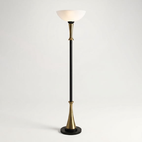Possini Euro Design Burbank Modern Art Deco Torchiere Floor Lamp 70" Tall Black Brass Frosted White Glass Shade for Living Room Bedroom Office House
