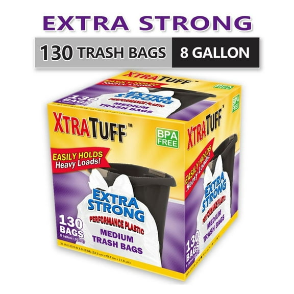 8 Gallon Garbage Bags 130 Count - Puncture Resistant Trash Bags with Lemon Mint Scent - Kitchen & Bathroom Drawstring Bags - Heavy Duty Large Trash Bags