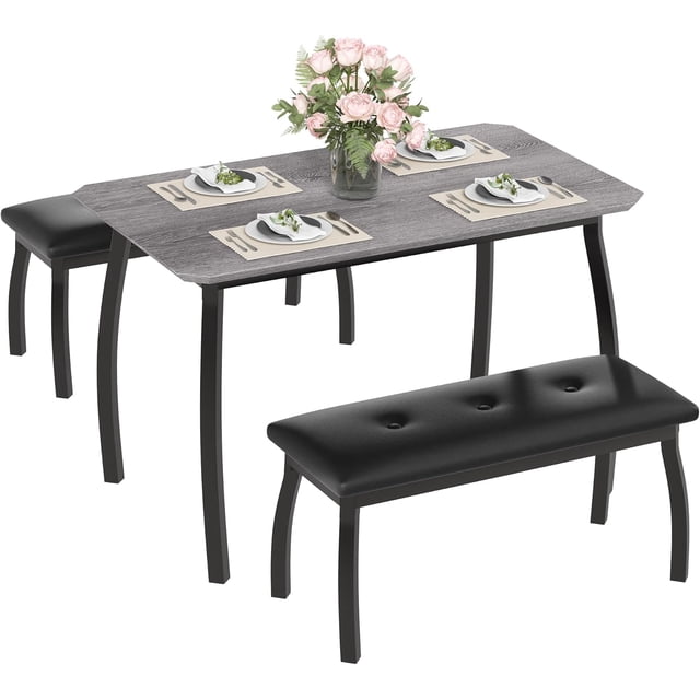 43-pulgada industrial dining mesa set: 3-piece kitchen muebles con 2 forrado benches y heavy-duty metal frame para small spaces, studio, restaurant, o home (gray)