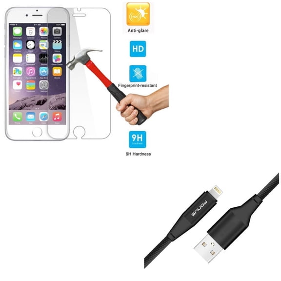 iPhone 8/7/6S/6 - Charger Cord 6ft USB Cable w Anti-Glare Screen Protector - Power Wire Braided Long Sync, Tempered Glass Matte 2.5D Curved Edge Anti-Fingerprint for iPhone 8/7/6S/6