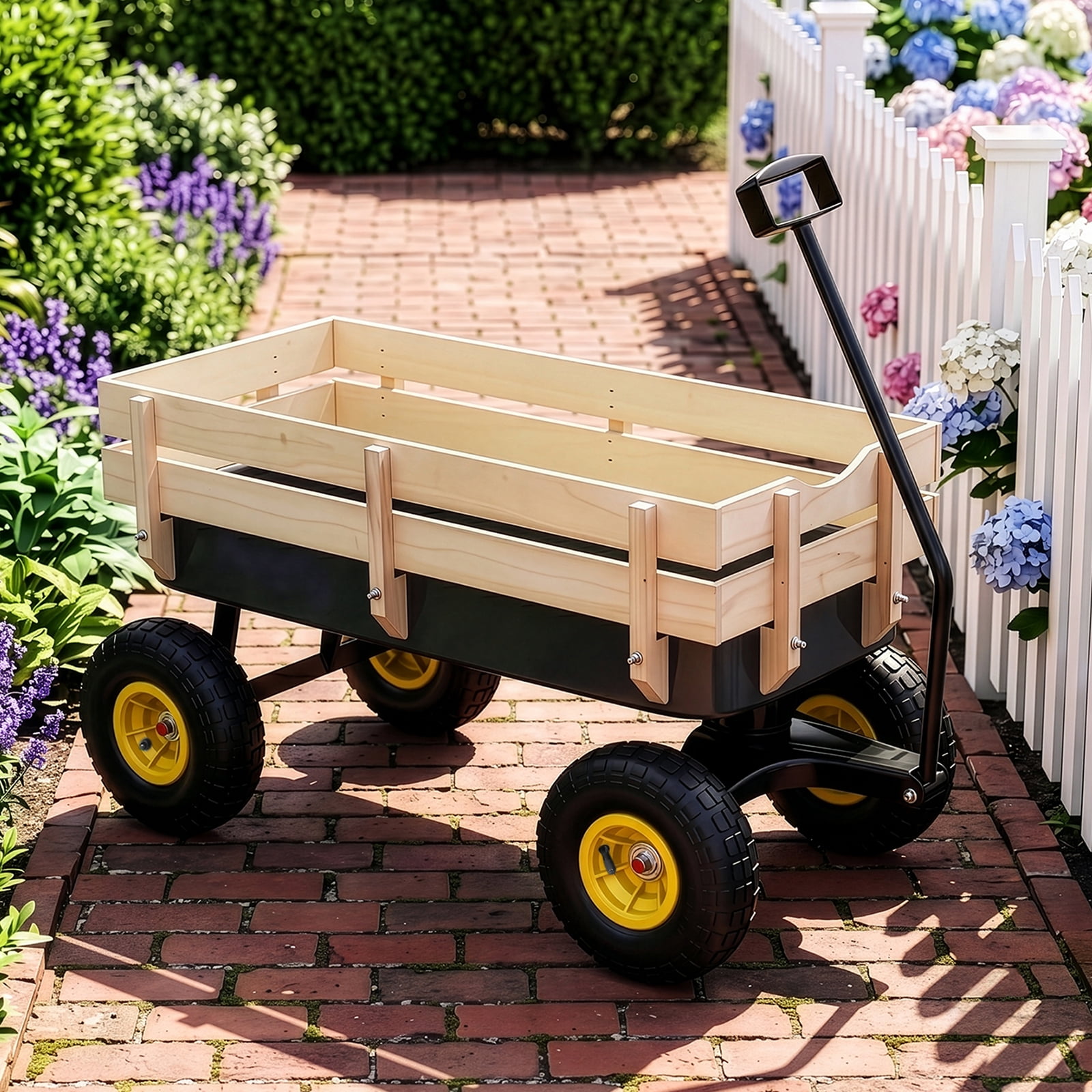 Side Support Cargo Wagon with 10" All-Terrain Air Tires, Up to 220lb Load Capacity, for Towing Kids Toys, Gardening Supplies, Black