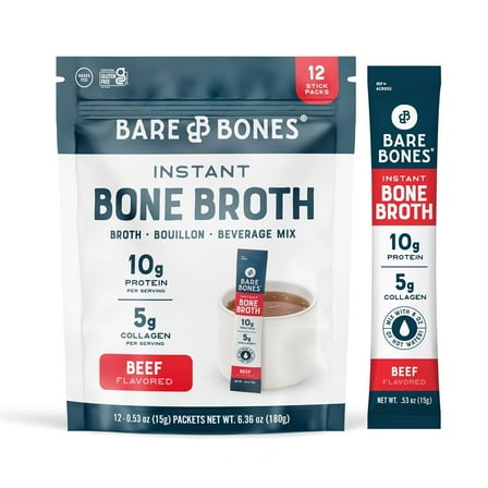 Bare Bones Bone Broth Instant Powdered Beverage Mix, Beef, 10g Protein, Keto & Paleo Friendly, 15g Sticks, Pack of 12 Servings