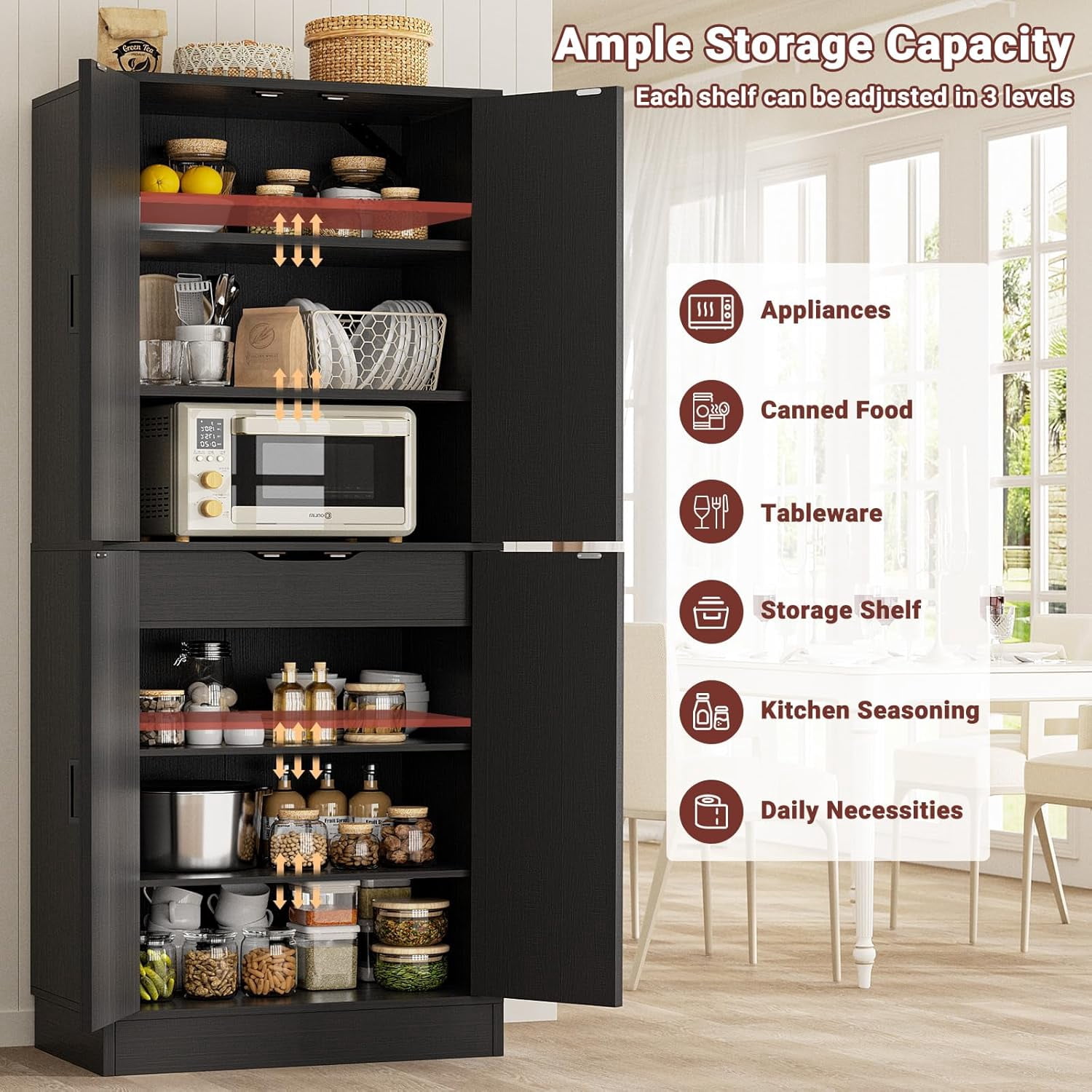 iSunirm 71" Tall Kitchen Pantry Storage Cabinet with Drawer, 4 Doors and 4 Adjustable Shelves, Freestanding Wood Farmhouse Pantry Cabinet for Kitchen, Dining Room, Pantry