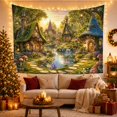 thumbnail image 3 of Woodland Cottage Village Around a Clear Lily Pond, Whimsical Fantasy for Nature Lovers, Fairy Garden Decor, Housewarming Gift, Tapestry Wall Hanging for Bedroom and Studio, 3 of 7