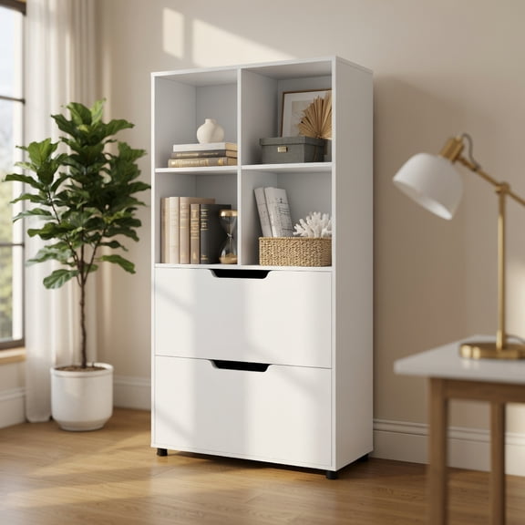 Spaco 4-Tier Open Bookcase with 2 Drawers and 4 Storage Cubes-White, Tall Bookshelf, Shelves for Living Room, Home Office, Bedroom, Balcony