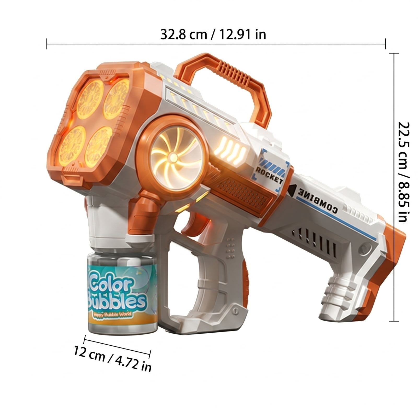 Rocket Style Bubble Maker Machine, Automatic 4 Hole Bubble Blower with LED Light, 140ML Bubble Solution and Rechargeable Set, Portable Bubble Machine for Party Festival Outdoor Events (Orange)