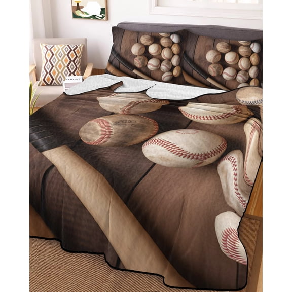 Baseball Queen Size Down Alternative Comforter, Lightweight Comforter Quilt Bedding Set with Pillow Shams Farmhouse Retro Sport Theme Brown Wooden Grain All Seasons Bed Comforter Duvet Insert 90"x96"