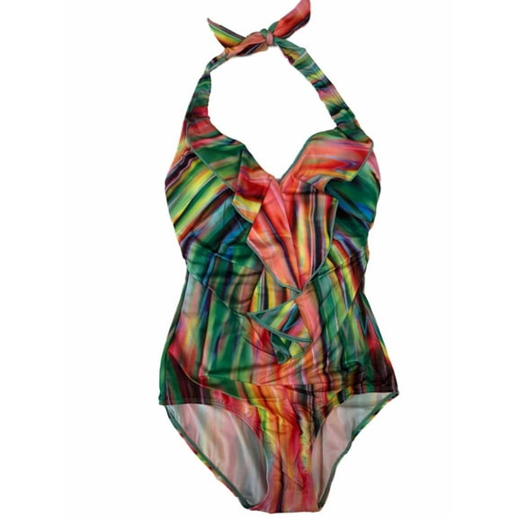 La Moda Womens Tropical Rainbow Stripe Ruffled Halter 1 Piece Swim Suit L