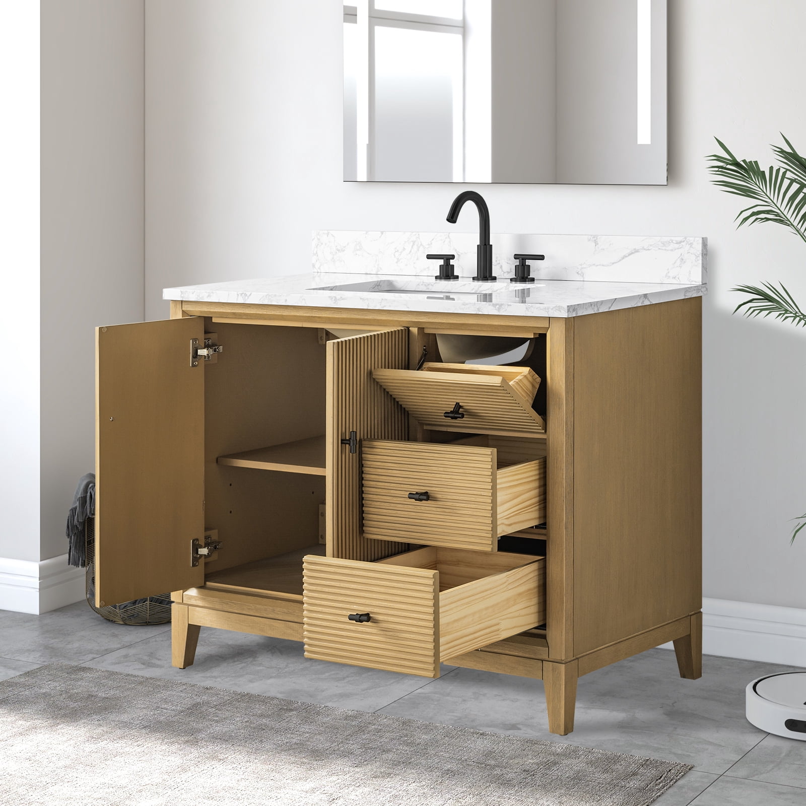 Vanity Art 42" Bathroom Vanity with Sink and Engineered Marble Top, Freestanding Storage Cabinet with 2 Drawers, 1 Shelf and Flip Down Tray
