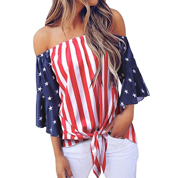 Women Summer Short Sleeve Blouse US American Flag Print Longer July 4th T Shirt