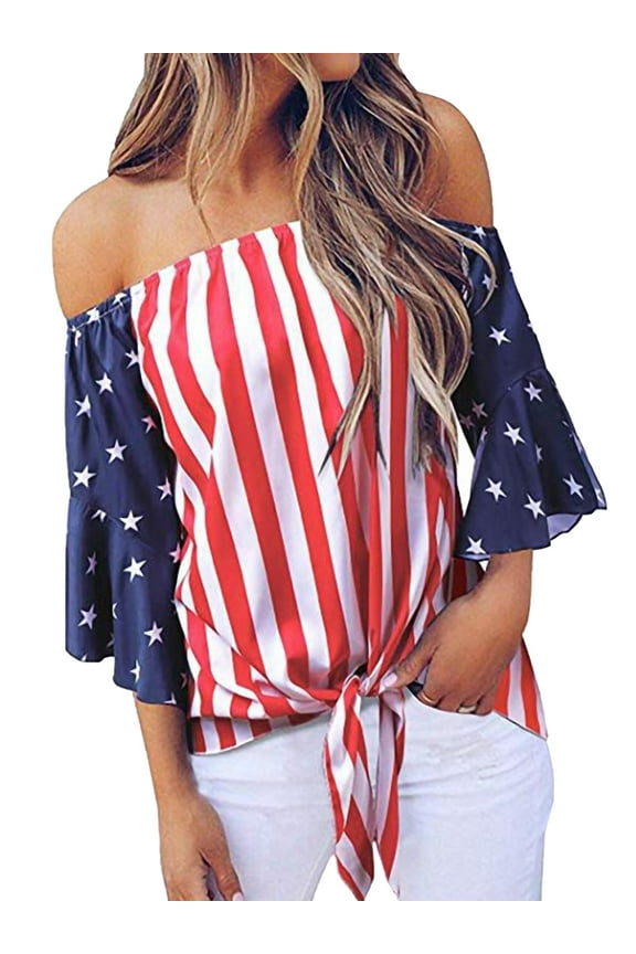 Women Summer Short Sleeve Blouse US American Flag Print Longer July 4th T Shirt