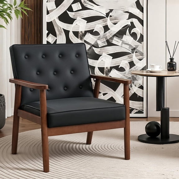 LAZZO Black Faux Leather Accent Chair, Mid Century Modern Armchair with Wooden Arms for Living Room Office Waiting Room