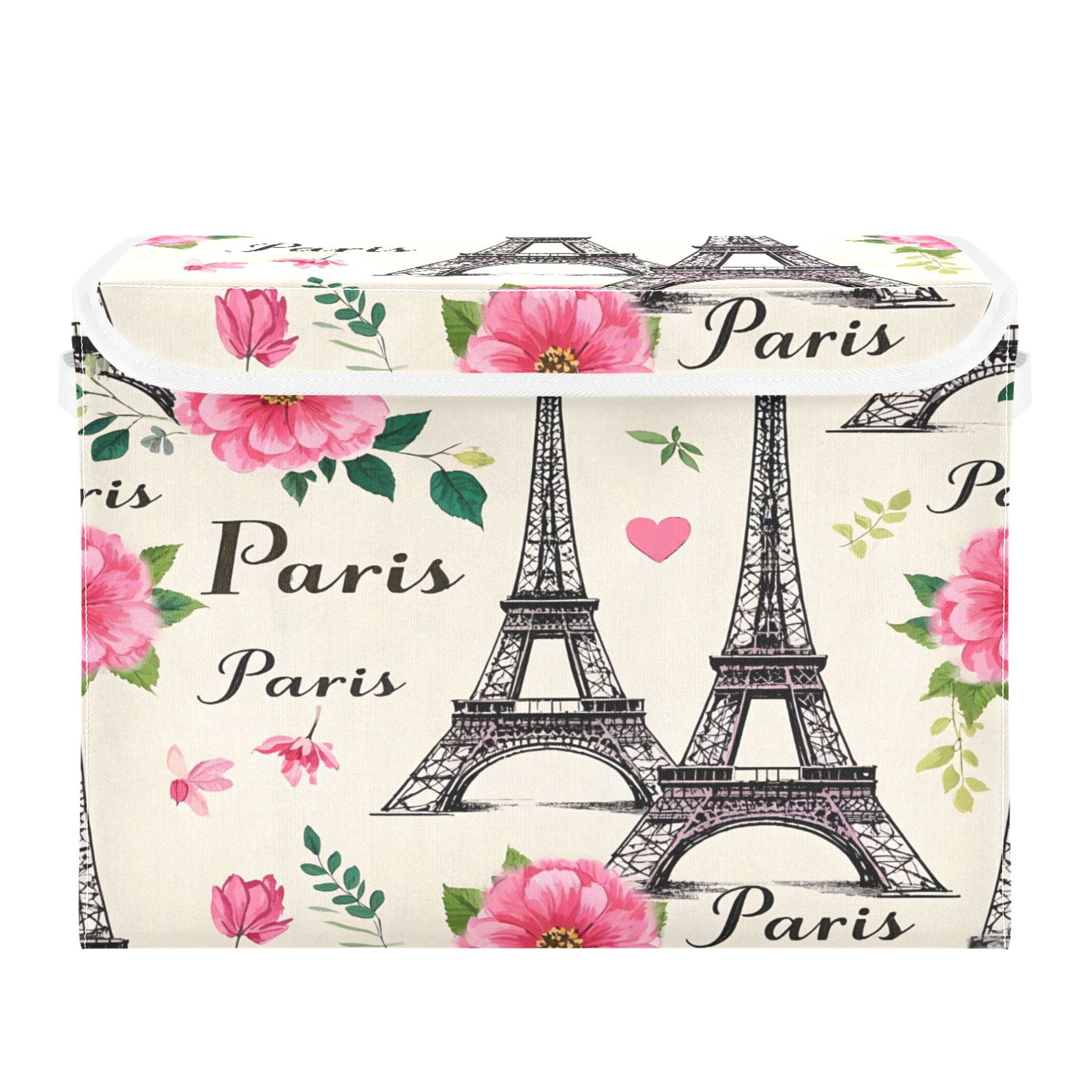 Ryvnso Paris Tower Flowers Large Lidded Foldable Storage Baskets Cubes Boxes Lids Bin for Home