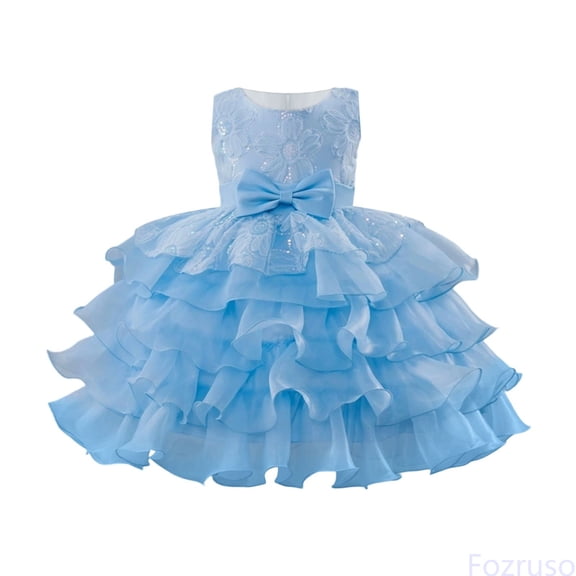 Fozruso Dresses for School Casual Girls Girl Dress With 3D Floral Embroidery Bow Sash Tiered Gown Party Dress Sizes 3-4 Years