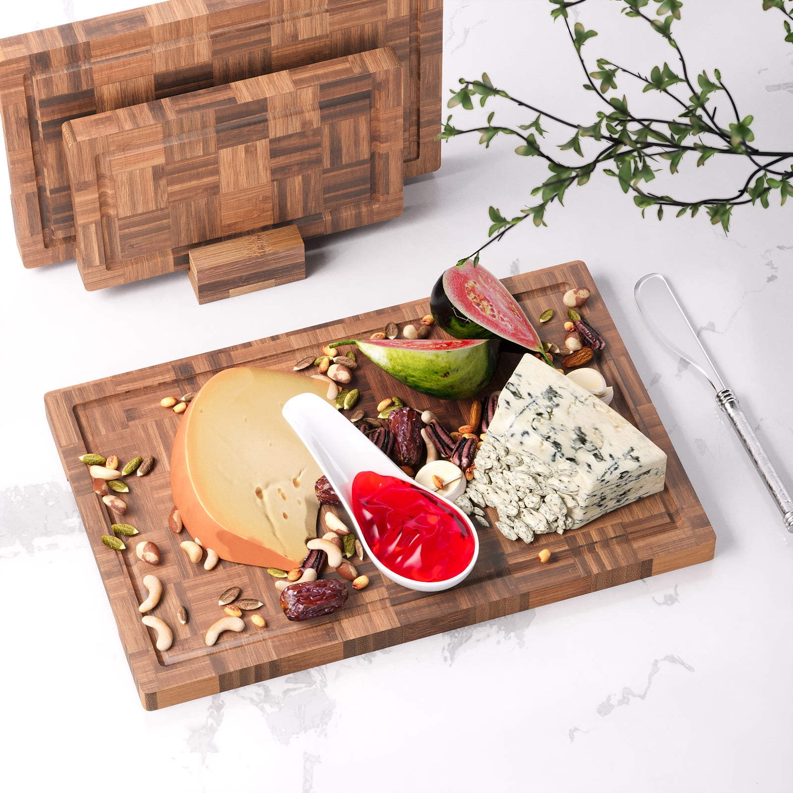 Bamboo Cutting Boards for Kitchen(Set of 3),Chopping Boards with Juice Groove,End Grain Bamboo Butcher Block,Serving Board with Holder