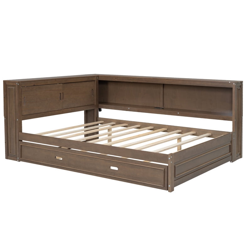 Full Size Wood Daybed with Twin Size Trundle, Storage Bed Frame with Shelves & Cabinets, Sofa Bed with LED Light and Charge Station