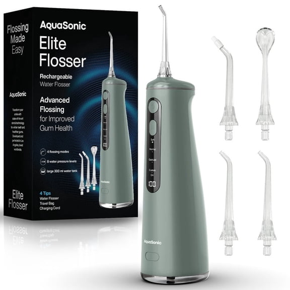 AquaSonic Elite Rechargeable Water Flosser - 300ml Tank, 4 Tips, Travel Bag, Waterproof (Green)