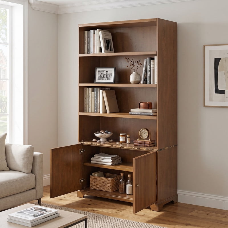 91" Tall Storage Cabinet with Faux Marble Tabletop, Freestanding Bookcase with Fluted Doors, Wooden Display Bookshelf Office Hutch