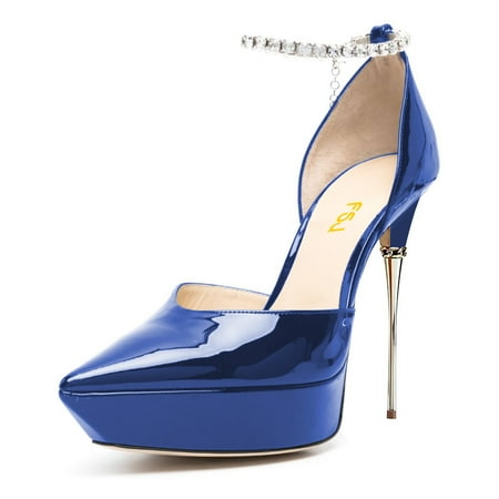 

FSJ Women Stylish Pointed Toe Rhinestone Chain Ankle Strap Sandals Stilettos Platform High Heel Pumps Dress Wedding Shoes Size 6.5 Blue