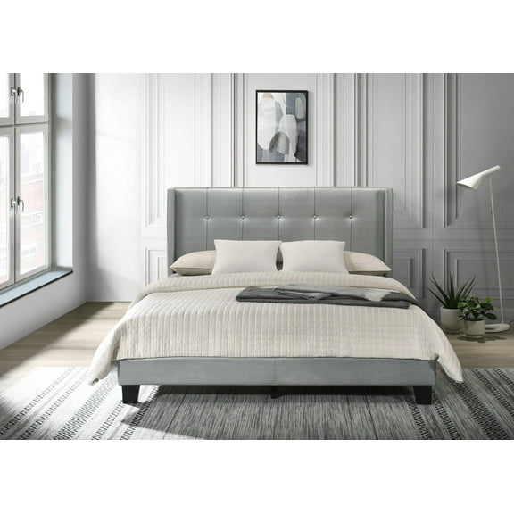 Home Design Evelyn Queen Upholstered Platform Bed Frame with Tufted Headboard and Wingback Design, Silver, Easy Assembly