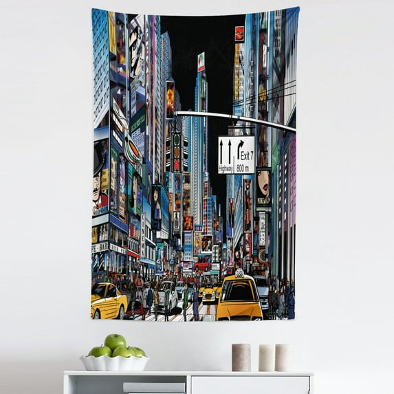 City Tapestry, Cartoon Style New York Night Scene Advertisements Crowded Streets Taxis Highway Exit, Fabric Wall Hanging Decor for Bedroom Living Room Dorm, 5 Sizes, Multicolor, by Ambesonne