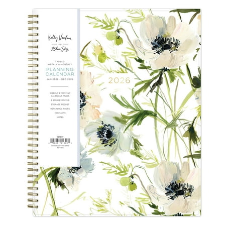 Blue Sky Kelly Ventura 2026 Weekly and Monthly Planner Calendar, January 2026 - December 2026, 8.5" x 11", Flexible Cover, Laminated Tabs, Durable Twin Wire Binding, Storage Pocket, Anemones