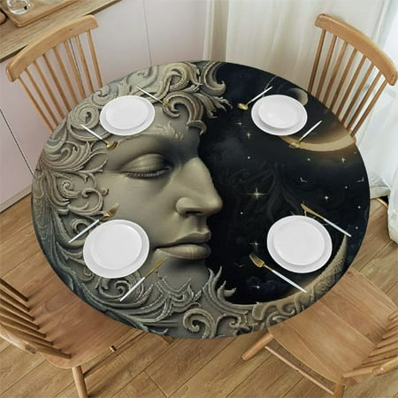 

Patifu Moon Face Fantasy Art Round Table Cover Stain Resistant Washable Indoor Outdoor Tablecloth Kitchen Dining Wedding Parties Elastic Edge 100% Polyester Fiber 46-50
