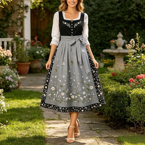 HCBY Women's Oktoberfest Dirndl Dress Bavarian German Midi A-Line Square Neck Lace Sleeveless Costume for Festival Party