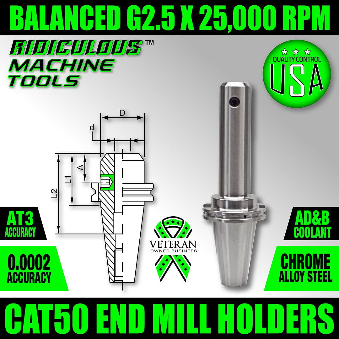 Machinist Choice 0.0002 T.I.R. CAT50 END MILL HOLDER 7/8 X 4 G2.5 X 25,000 RPM