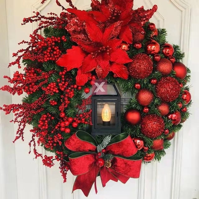 Adornos navideños Lámparas de aceite navideñas Flores rojas navideñas Coronas navideñas para colgar en la puerta